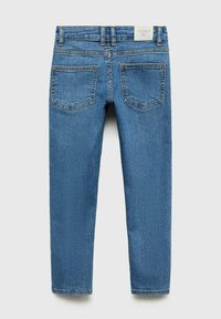 Blå denimjeans med rak skärning, som har bakfickor, en ren midja och minimala sömdetaljer. Slät textur.