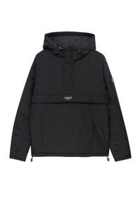 Sort letvægts anorakjakke med hætte, snøre ved halsen, kengurulomme og justerbar snor i kanten. Glat overflade, uden foer.