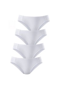 Weißes Baumwoll-Bikini-Unterwäsche-Set, bestehend aus vier Paaren. Mit einem gerippten Textur und einem elastischen Bund ohne sichtbare Muster oder Akzente.