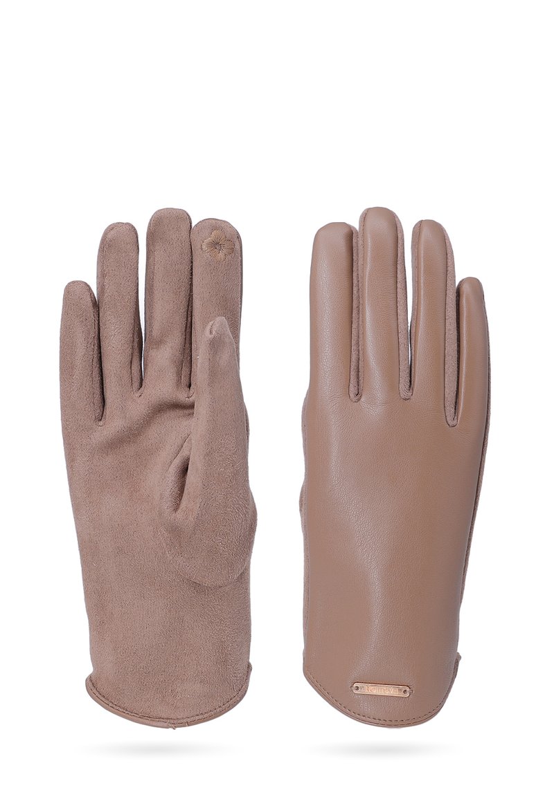 Guanti marroni realizzati con un mix di morbido suede e pelle liscia, con un design aderente e un sottile accento sul polsino.