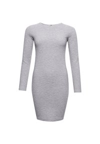 Graues, geripptes Langarmkleid mit figurbetontem Schnitt, rundem Halsausschnitt und knielanger Länge. Verfügt über eine subtile Textur im gesamten Kleid.