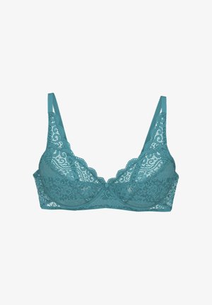 Miętowy stanik koronkowy z falbaniastymi brzegami i misternymi kwiatowymi wzorami. Miękka tekstura, wsparcie z drutami, regulowane ramiączka i centralny detal w postaci kokardki.