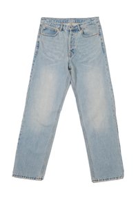 Ljusblå denimjeans med avslappnad passform, rak benmodell, femficksdesign och stickningsdetaljer längs sömmarna.