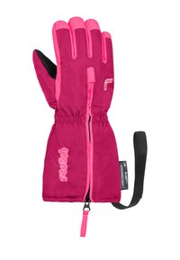 Rosafarbene isolierte Handschuhe mit glänzender Oberfläche, versehen mit einem Reißverschluss, elastischem Handgelenk und schwarzer Handfläche. Logo auf der Seite gestickt.