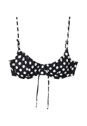 Sutien negru cu buline albe, bretele subțiri reglabile și cupe cu armătură și închidere frontală cu fundă.