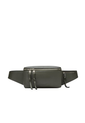 Borsa a tracolla in pelle verde oliva con texture liscia, doppia cerniera e tracolla regolabile, caratterizzata da un branding discreto sul fronte.