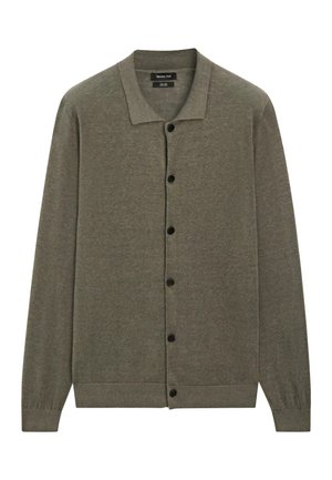 Olijfgroene cardigan met lange mouwen, knoopsluiting, kraag en geribbelde boorden en zoom.