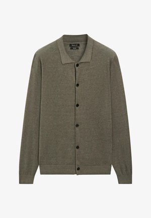 Olijfgroene cardigan met lange mouwen, knoopsluiting, kraag en geribbelde boorden en zoom.