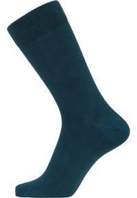Teal, knee-high sock made from a soft, stretchy material. Features a ribbed cuff at the top and a smooth texture throughout.