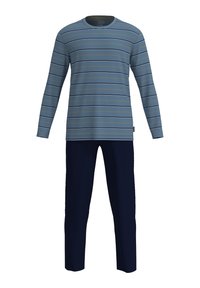 Langärmliges blaues Hemd mit horizontalen Streifen in dunklerem Blau und Senfgelb; kombiniert mit einfarbigen marineblauen Hosen. Glatte Stoffqualität, lässige Passform.