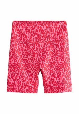 Pink shorts with a red leopard print pattern. Made from stretchy fabric, featuring a high waist and knee-length cut.