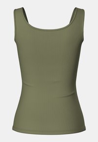 Olivově zelený žebrovaný top s výstřihem ve tvaru lodi, přiléhavého střihu a širokými ramínky. Hladká textura s konzistentním vzorem po celém povrchu.