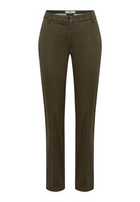 Olivgrüne Hose mit geradem Bein, vorderem Knopfverschluss, Gürtelschlaufen und Seitentaschen. Glattes Material mit leichtem Glanz.