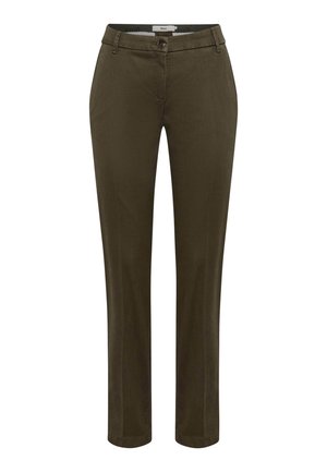 Olijfgroene broek met een rechte pijp, voorknopsluiting, riemlussen en zijzakken. Glad materiaal met een lichte glans.