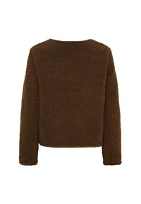 Brun fleece pullover, tekstureret materiale, løs pasform, rund halsudskæring, lange ærmer og lige, cropped kant.