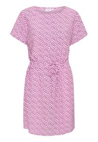 Rosa kortärmad klänning med knytmidja, prydd med ett blommönster i mörklila. Tillverkad av lätt och mjukt tyg. Rund halsringning.