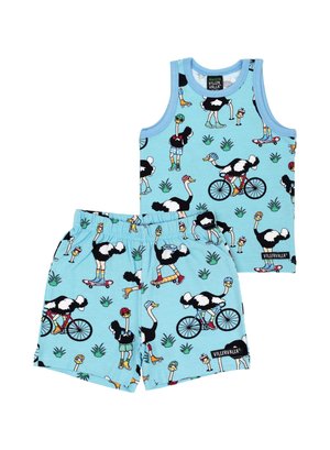 Blauwe rayon tanktop en shorts set met speelse struisvogelillustraties, in levendige kleuren en met een comfortabele elastische tailleband.