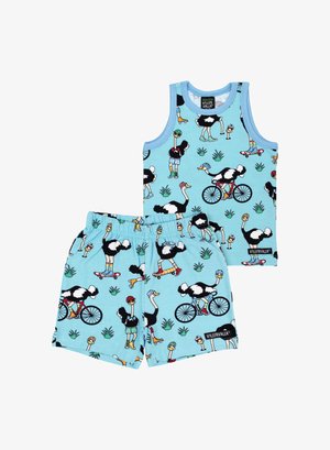 Blå rayon tanktop og shorts sæt med legende strudseillustrationer, i livlige farver og en komfortabel elastisk talje.