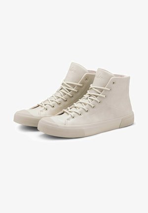 Beige High-Top-Sneaker mit einem glatten Lederaußenmaterial, flachen Schnürsenkeln und Gummikappen an den Zehen. Mit eingestanztem Logo auf der Zunge.