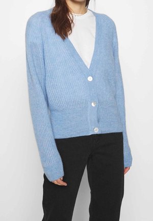 Woman wearing a light blue knitted cardigan with three buttons over a white shirt and black pants, standing against a plain background.