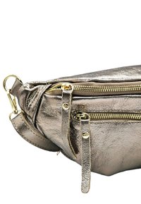 Sac argenté métallique avec plusieurs compartiments zippés, des brides en cuir et des accents en hardware doré. Texture lisse avec une forme élégante.