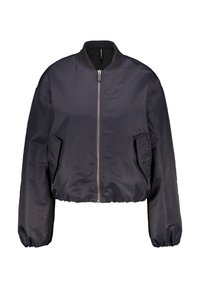 Cropped bomber jacket in dark navy, featuring a front zipper, ribbed collar, and elastic cuffs. Smooth, lightweight fabric with side pockets.