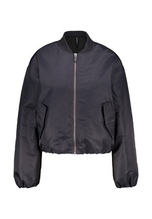 Lyhyt vaate, tummansininen pommittaja takki, jossa on vetoketju edessä, ribbed-kaulus ja elastiset hihansuut. Sileä, kevyt kangas, jossa on sivutaskut.