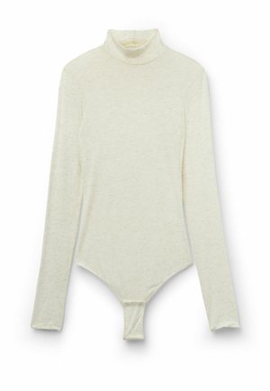 Langärmliger Rollkragen-Bodysuit in hellem Beige, aus einem weichen, strukturierten Stoff mit einem Druckknopfverschluss am Boden für einen sicheren Sitz.