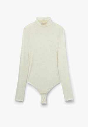 Body a maniche lunghe con collo alto in beige chiaro, realizzato in un tessuto morbido e testurizzato, con una chiusura a scatto sul fondo per una vestibilità sicura.