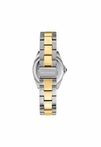 Orologio in acciaio inossidabile con maglie alternate in tonalità argentata e dorata, dotato di una cassa rotonda e di una semplice chiusura metallica.