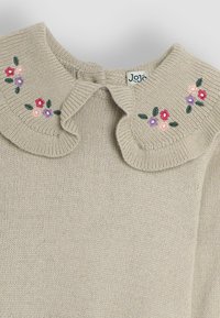 Beige gebreide trui met een ronde kraag, versierd met bloemen borduurwerk in roze, rood en paars, en groene bladeren op de randen van de kraag.