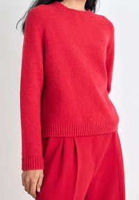 Pull rouge en maille avec un col rond, des poignets et un ourlet côtelés. Texture douce et coupe légèrement courte, associé à un pantalon rouge.