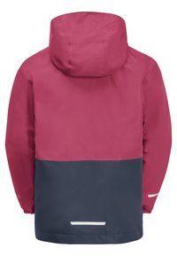 Wasserdichte Jacke mit einem oberen Abschnitt in Pink und einem unteren Abschnitt in Dunkelblau. Verfügt über eine Kapuze, elastische Bündchen und reflektierende Akzente.