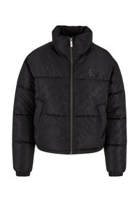 Svart boblejakke med høy krage, glidelås, geometrisk mønster på stoffet og elastiske mansjetter for en tettsittende passform.