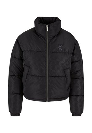 Svart boblejakke med høy krage, glidelås, geometrisk mønster på stoffet og elastiske mansjetter for en tettsittende passform.