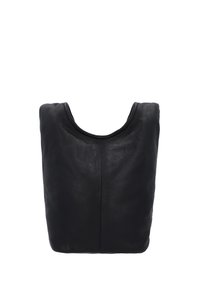 Black textured leather tote bag with a wide, rounded opening and soft, unstructured shape against a white background.