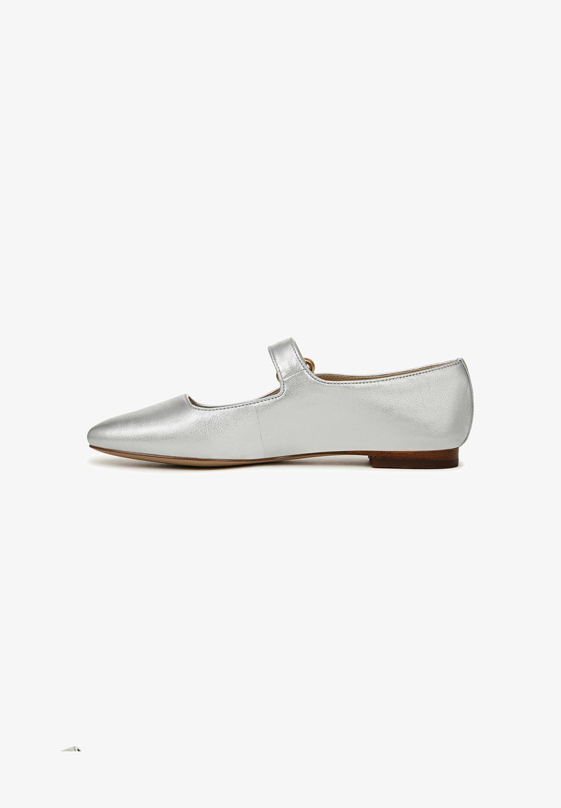 Silver metallic flat shoe with a pointed toe, Mary Jane strap, and small heel, featuring a smooth texture and minimal stitching.