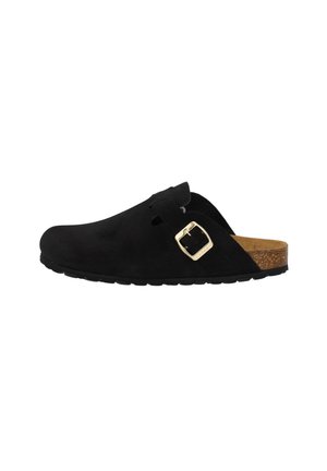 Black suede clogs with an open back, featuring a gold-colored buckle, cork footbed, and rubber outsole for traction.