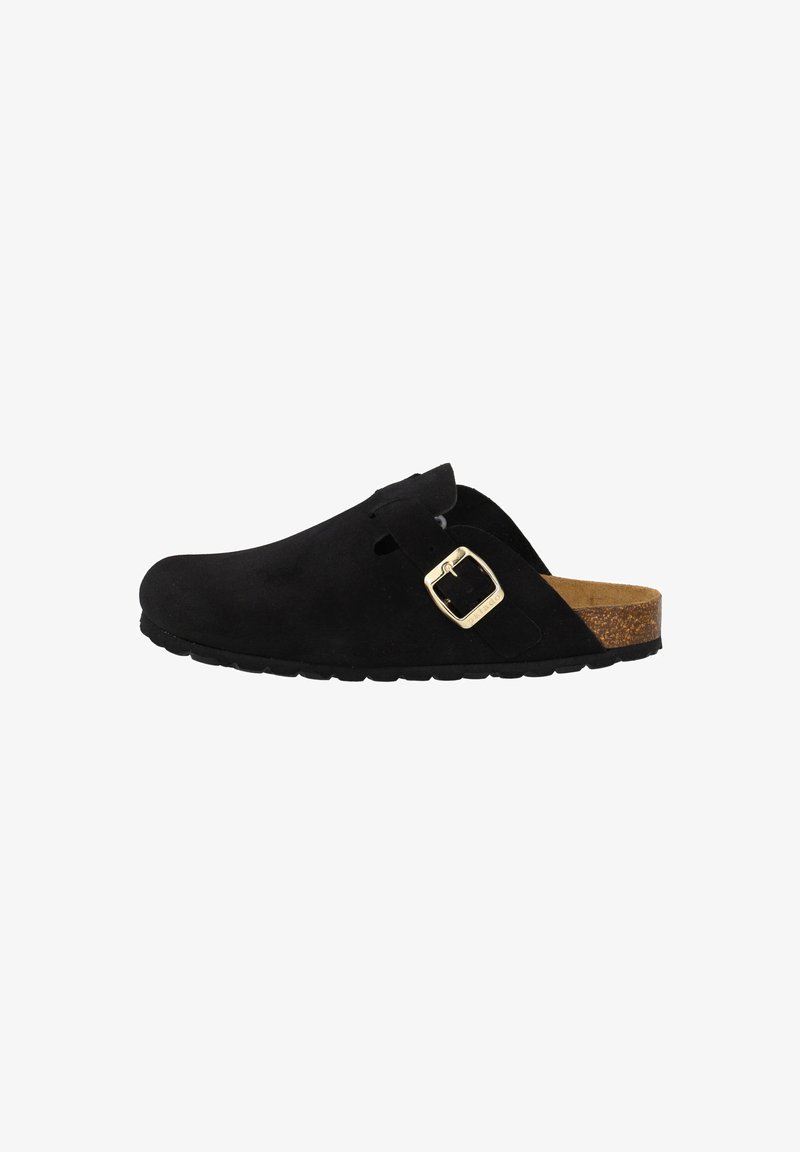 Schwarze Wildleder-Clogs mit offenem Rücken, ausgestattet mit einer goldfarbenen Schnalle, Korkfußbett und gummierter Laufsohle für besseren Halt.