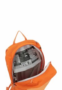 Orange backpack with a zippered opening, featuring a white inner lining and emergency instructions printed on an internal pocket.