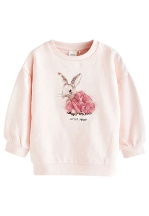 Lyserød langærmet sweatshirt til småbørn med grafik af en kanin, lyserøde stofblomster og teksten "Little Friend" på forsiden.