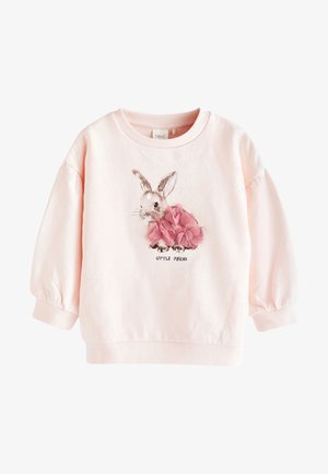 Lyserød langærmet sweatshirt til småbørn med grafik af en kanin, lyserøde stofblomster og teksten "Little Friend" på forsiden.