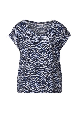 Navy blue and white patterned top featuring a scoop neckline, short sleeves, and an abstract geometric design throughout.