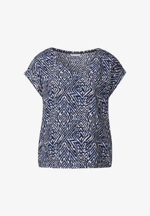 Marineblauw en wit gestreept top met een ronde hals, korte mouwen en een abstract geometrisch patroon.