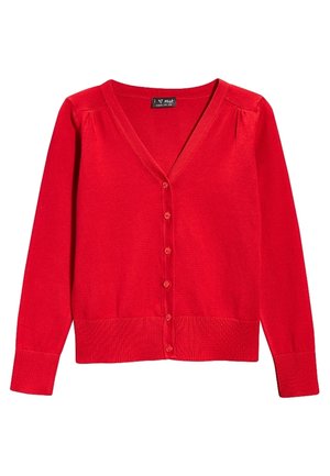 Cardigan rouge à manches longues avec boutons, col en V et poignets et ourlet côtelés, présenté à plat sur fond blanc.