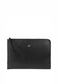 Schwarze Lederhülle mit genarbter Textur und Reißverschluss, auf der Vorderseite mit einem kleinen silbernen Logoakzent und in flacher rechteckiger Form.