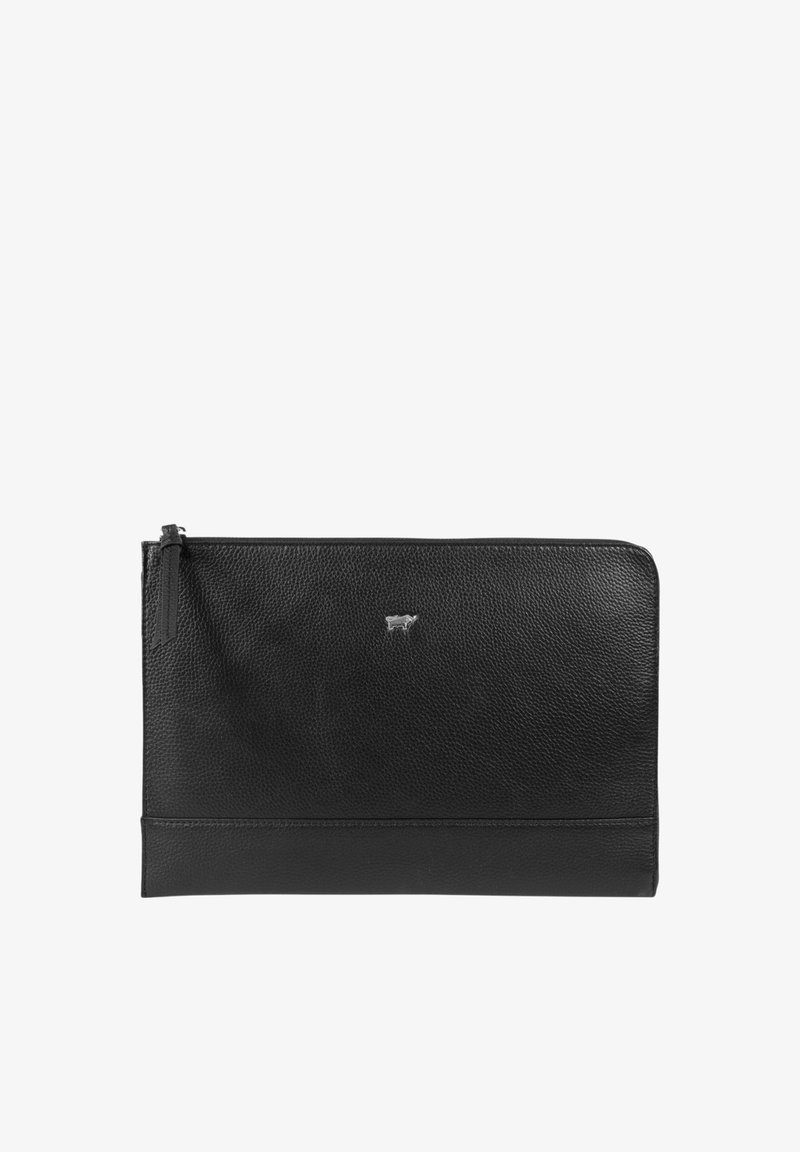 Schwarze Lederhülle mit genarbter Textur und Reißverschluss, auf der Vorderseite mit einem kleinen silbernen Logoakzent und in flacher rechteckiger Form.