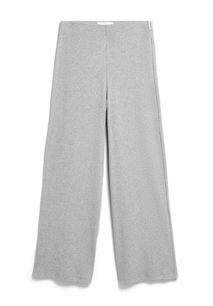 Lichtgrijze gebreide wijde broek met een zachte textuur en elastische tailleband, plat neergelegd op een witte achtergrond.