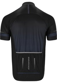 Maillot de cyclisme à manches courtes noir et bleu foncé avec le texte "ENDURANCE" et des poches arrière conçu pour un usage sportif.