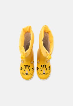 Yellow children's rain boots with tiger faces and ears, featuring adjustable drawstring closures and soft inner lining.